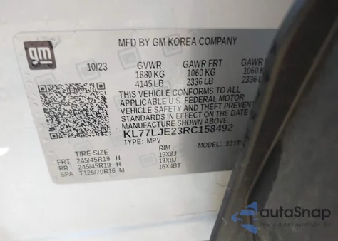 2024 Chevrolet Trax 2Rs из США, поврежденный, VIN KL77LJE23RC158492